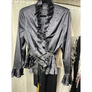 Adrianna Papell Charcoal Satin Blazer with Ruffle Trim